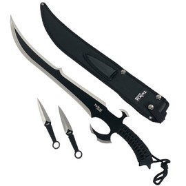 27" Scimitar Style Black Tactical Fixed Blade Machete With 2 Fixed Blade Knives. For Outdoor Activities Uses Camping Cut Ropes, Branches, Collection And Gift