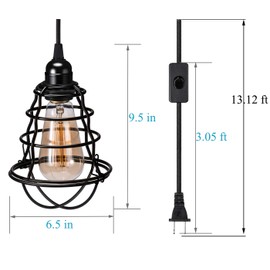 Industrial Plug in Pendant Light, Vintage Hanging Cage Pendant Light with Plug in Cord, Farmhouse E26 E27 Edison Pendant Lighting with On/Off Switch for Living Room Dining Room