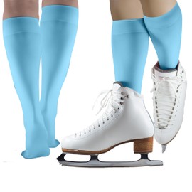 CRS Cross Ice Skating Socks (2 Pair) Premium Knee High Tights for Ice Skates, Footed Skate Sock, Figure Skating and Dance (Light Blue)