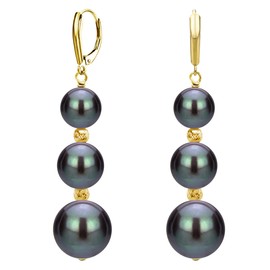 Graduated Freshwater Cultured Dyed-black Pearl and Sparkling Beads Lever-back Earrings in 14K Yellow Gold