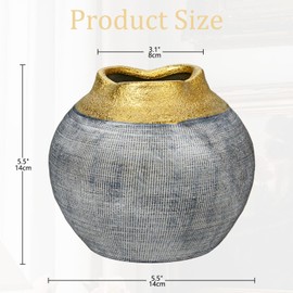 Gold Ceramic Vase for Flower Decoration, Handmade Vintage Vase, Table Vase Made of Ceramic, Modern Ceramic Flower Vase for Decoration, Living Room, Home Office, Vase for Pampas Grass, Rustic Antique