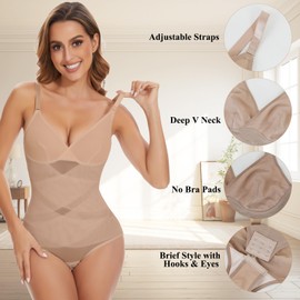 Joyshaper Shapewear For Women Tummy Control Bodysuit Shaping V Neck Body Shaper Waist Trainer with Adjustable Straps Beige,XL