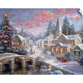 CANVAS ON DEMAND Heaven On Earth Wall Decal, Horse-Drawn Sleigh Brings Christmas Church Goers to Snow-Covered Village, Christian Holiday Home Décor Artwork, 36"x29"