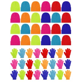 24 Set Kids Winter Beanie and Gloves Set Knit Hat Bulk Magic Gloves Pack Cold Weather Unisex Hat for Boys Girls Winter Gift (Bright Color)