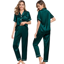 SWOMOG Couples Pajamas Sets Women & Men Satin Short Sleeve Sleepwear Button Down Loungewear Pjs Set with Long Pants Women Deep Green X-Large