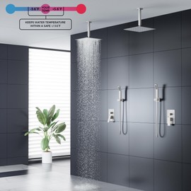 FORIOUS Shower Head System, 10 Inch Rain Shower Faucet Set with Handheld Spray Combo Rough-in Valve, Solid Brass Pressure Balanced Valve Trim Kit, Ceiling Mount, Brushed Nickel