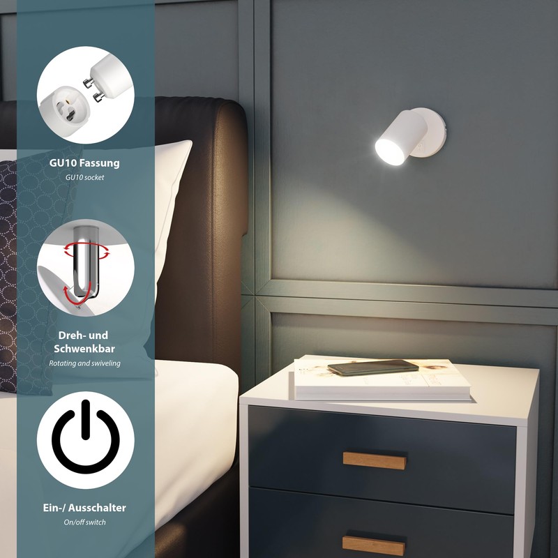 ledscom.de 2 Wall spot WAIKA, Single-Flame, with Switch, GU10, White