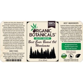 Organic Botanicals 100% Organic Natural Best Ever Beard Oil - Woodsman, 2 oz. Amber Glass Bottle