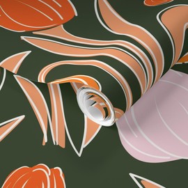 Removable Wallpaper 6ft x 2ft - Large Floral Green Pink Orange Hand Drawn Tulip Flowers Custom Pre-Pasted Wallpaper by Spoonflower