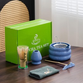 7Pcs Japanese Matcha Tea Set, Matcha Kit with Matcha Bowl (with Pouring Spout), Matcha Whisk, Whisk Holder, Strainer - Elegant Matcha Set for Gifting and Personal Use, Gift Box Packaging (blue)