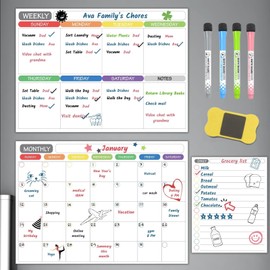 Calendario Magnético para Refrigerador, 2 Planificador Mensual Semanal con 1 Pizarrón Blanco, Pizarra Magnetica Flexible de Nevera con accesorios 4 Plumones y Borrador para notas diario