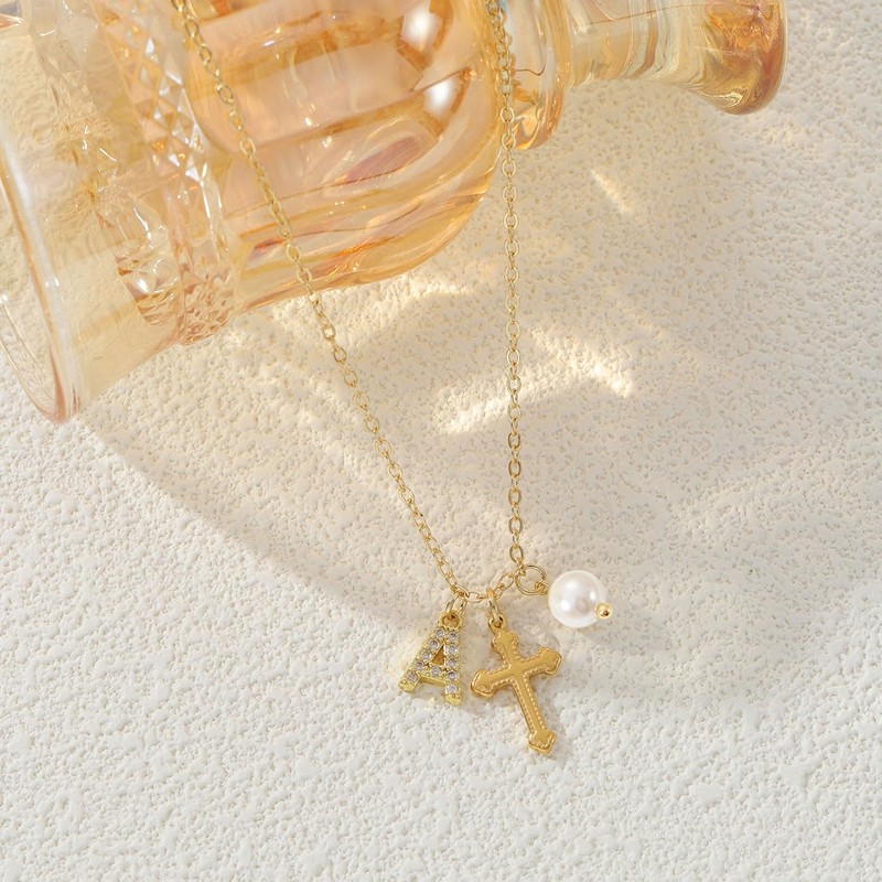 Initial Pearl Cross Necklace for Women Teen,First Communion Baptism Confirmation
