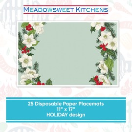 Meadowsweet Kitchens Paper Placemat Sets (Green, Holiday) 25 Disposable Printed 11" x 17" Paper Place Mats in Holiday Magnolia/Evergreen/Berry Design for Everyday Bridal Wedding Holiday Home Decor