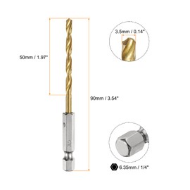 sourcing map 6pcs 1/4" Hex Shank Twist Drill Bits 3.5mm Titanium Coated High Speed Steel Quick Change Hex Drilling Bit Jobber Drill Bits for Wood Plastic Metal, Gold