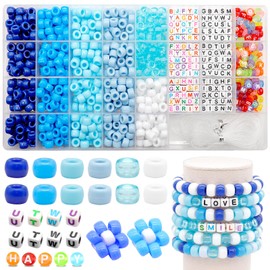 Dotilili Blue Pony Beads for Bracelet Making Kit, 1052 Pcs Pony Beads Bulk with Colorful Cube Letter Beads Kandi Hair Beads Friendship Bracelet Set for DIY Necklace Jewellery Making Craft Girls Gift