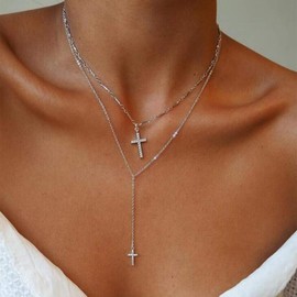 Aimimier Layered Choker Necklace Cross Necklace Rhinestone Cross Charm Pendant Necklace Bohemia Jewelry for Women and Girls (Silver)