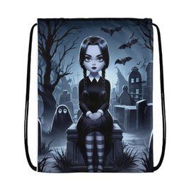 EZB Wednesday Black and White Drawstring Bag | 36x30cm Midi Sized Backpack | Multi-Use: Sports Kits, PE Kits, Gym, Lunch, Holiday, Beach, Pump Bag | Wednesday Cartoon Bag