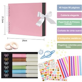 Álbum de fotos para álbum de recortes, Álbum de fotos de viaje, 80 páginas, Kit de álbum de recortes hecho a mano con pegatinas y bolígrafos para boda, graduación, aniversario, baby shower (Rosa)