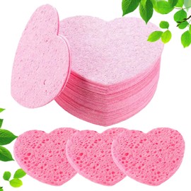 Donano 50 PCS Facial Sponges,Compressed Sponges,Heart Shape Face Cleansing Sponge, Natural Sponges Pads for Daily and Gentle Exfoliating, Reusable, Pink,1