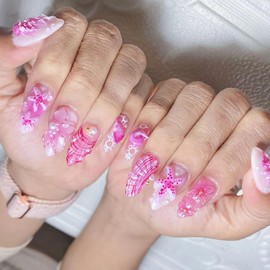 30Pcs Pink Press on Nails Medium Almond Summer French Tip Fake Nails with 3D Conch Starfish Designs Cute Flower Acrylic Nail Ocean Style False Nail Pearl Gold Beads Rhinestone Glue on Nails for Women