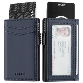 VULKIT Slim Credit Card Holder with RFID Blocking Card Holder for Men Automatic Pop Up Business Card Holder for Cards and Notes with Magnetic Closure, navy, Minimalist