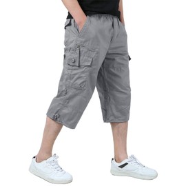 KEFITEVD 3/4 Length Mens Shorts Baggy Cargo Work Shorts Elastic Waist Long Capri Shorts,Light Grey,34