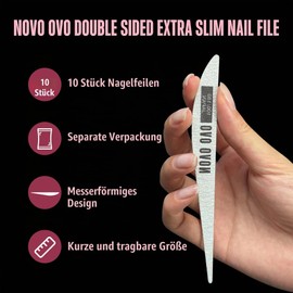 NOVO OVO Thin Nail Files Pack of 10 Professional Double Sided Extra Thin Reusable Files (100/180 Grit) for Nail Styling, Manicure and Pedicure, Ideal for Home and Salon