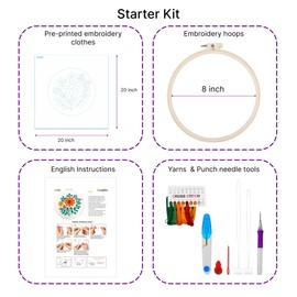 Punch Needle Embroidery Beginner Kits for Kids and Adults with Instructions, Punch Needle Fabric with Patterns, Yarns, Embroidery Hoops for Rug-Punch & Push Needle