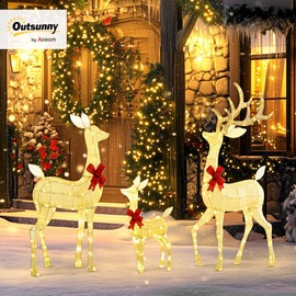 Outsunny 4.5ft 3-Piece Light Up Christmas Deer Family Set of 3, Lighted Reindeer Christmas Decorations with 283 LED Lights, Stakes, Zip Ties for Indoor, Outdoor, Yard, Lawn, Silver
