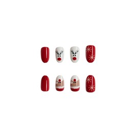 Christmas Press on Nails Short Almond Winter Fake Nails Red Full Cover Santa Claus False Nails with Snow Elk Designs Glossy Glue on Nails Cure Acrylic Manicure Artificial Nails for Women Girls 24Pcs