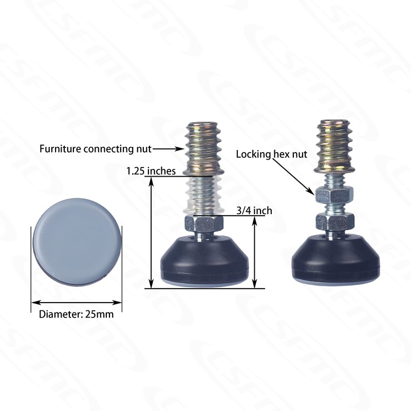 CSFMC Furniture Leveler Swivel Feet PTFE(Teflon) Bottom(25mm Base),Threaded Shank(1/4-20) Adjustment