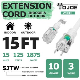 YOJOE 15 Foot 10/3 Lighted Outdoor Extension Cord - 10 Gauge 3 Prong SJTW Heavy Duty White Extension Cable with 3 Prong Grounded Plug for Safety,UL Listed