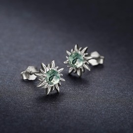 Cuoka Sun Studs Earrings 925 Sterling Silver Moss Agate Earrings Celestial Sunburst Pierced Earrings Jewelry for Women