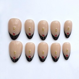 Handmade Press-On Nails, French Tip Press-On Nails, Handcrafted Black Short Almond-Shaped Nails, Reusable Hand-Painted Design Nails, Including Tool Kit, 10 Pieces (SHN030-M, M)