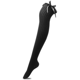 TOCONFFON Women's Girls Thigh High Stockings Over the Knee Socks with Satin Bows(Black,One Size)