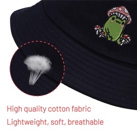 Cotton Bucket Hat for Women Men Summer Travel Sun Beach Bucket Cap, Unisex Outdoor Fisherman Hat (Frog with Mushroom Black)