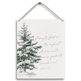 FUGWN Christmas Tree Christian Scripture Xmas Hanging Wooden Signs 8x10, Christian Christmas Wall Decor, Luke 2:14 Christmas Tree Wall Decor, Bible Verse Peace On Earth Christmas Winter Hanging Sign