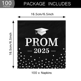 100 Pack Prom Paper Napkins Black and Silver Prom 2025 Disposable Napkins Decorative Luncheon Dinner Napkins Congrats Grad 2025 Graduation Party Supplies Table Decor 6.5 x 6.5 Inch