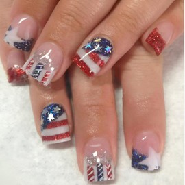 Independence Day Fake Nails Square Press On Nails Short 4th of July False Nails With Star Flag Designs French Tip Nails Press Ons Full Cover Glue On Nails Glossy Stick On Nails For Women