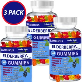 Healing Drops (3 Pack) Elderberry Gummies with Zinc Vitamin C, D - Sambucus Elderberry Gummies