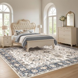 Area Rugs for Living Room : 10x14 Washable Rug Vintage Pattern Large Non-Slip Stain Resistant Soft Durable Floor Carpet for Bedroom, Dining Room, Home Office - Blue