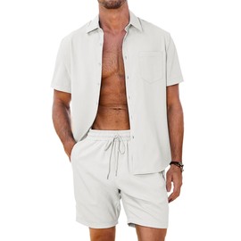Dokotoo Men Men's Vacation Outfit Summer Short Sleeve Sets for Men Solid Linen Beach Outfits Casual Cuban Button Down Shirts Drawstring Shorts with Pockets White XX-Large