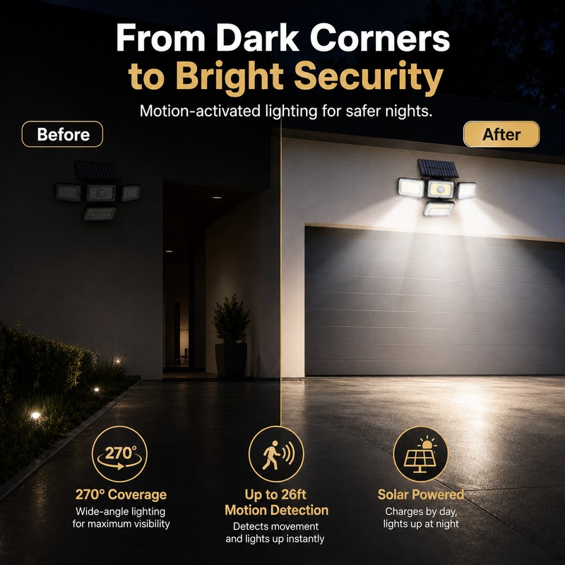 Solar Motion Sensor Outdoor Lights for Security – 4-Head Waterproof