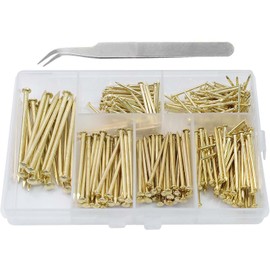 6 Sizes Hardware Nails 340Pcs Nail Assortment Kit Gold Finishing Nails Hardware Assortment Set with an iron steel Tweezer tool(Gold, Set2)
