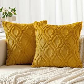 MIULEE Mustard Yellow Throw Pillow Covers 20x20 Inch, Soft Plush Faux Wool Couch Pillow Covers Set of 2 Decorative Farmhouse Boho Throw Pillows for Sofa Living Room Bed