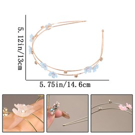 3 PCS Metal Flower Headbands for Women, Rhinestones Double Flower Hair Bands Gold Thin Wire Elastic Headdress Vintage Tiara Fashion Non-Slip Bridal Hair Accessories for Women Girls （Blue, Pink, White）