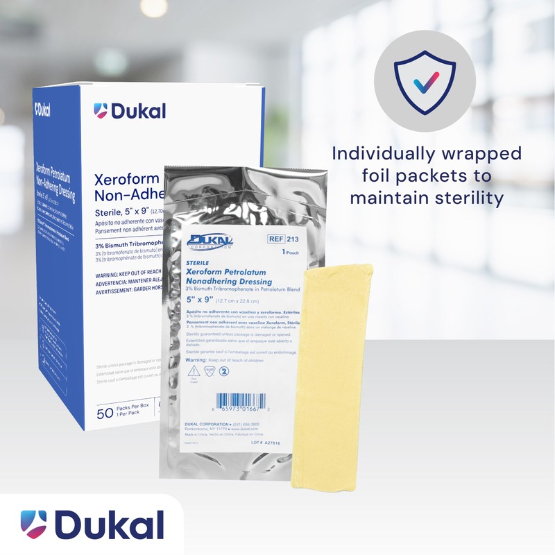 Dukal Xeroform Petrolatum Gauze, Sterile, 5" W x 9" L