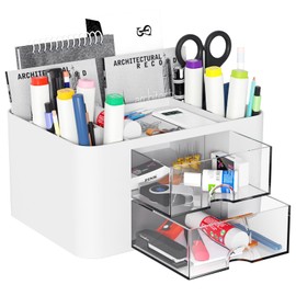 Senders Desk Organiser with 2 Drawers Desk Tidy Organiser with Pen Holder Desktop Stationary Organiser for School Office Home Makeup Desk Supplies Practical and Stylish Storage Solution