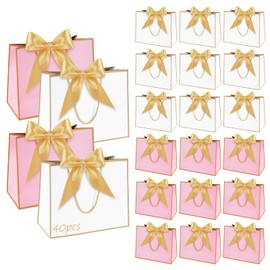 HOSTK 40Pack Gift Bags with Handles, Party Favor Bags White&Pink Gift Bags with Handles, Mini Paper Candy Bags with Ribbon for Wedding Birthday Bridal Shower Baby Shower