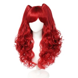 Long Curly Lolita Cosplay Wig with Detachable Clip‑On Double Ponytails, Heat Resistant Synthetic Big Wavy Wigs for Women, Anime Halloween Party Costume (Bright Red)